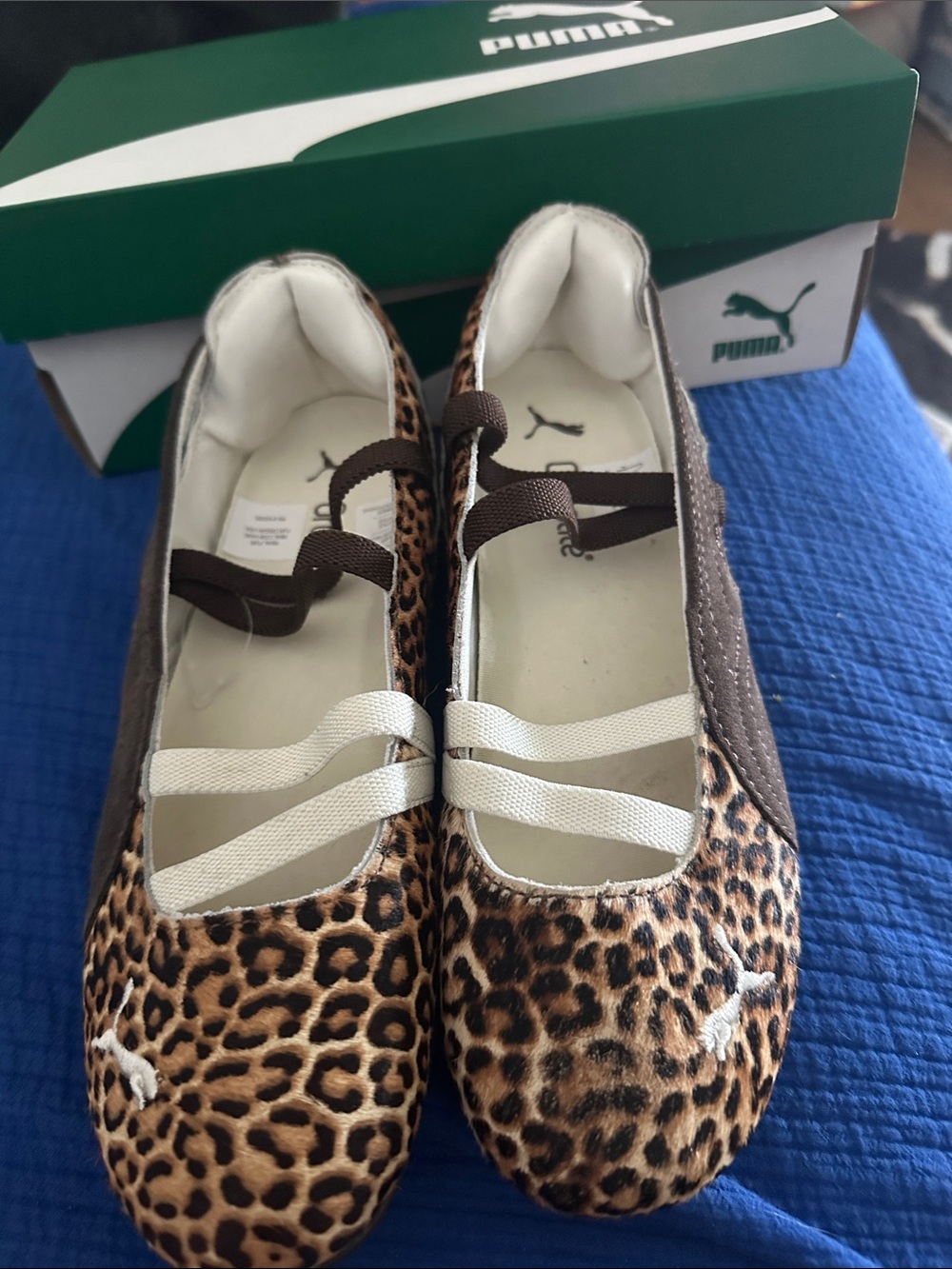 Puma Leopard Print Ballet Flats with Brown Panels and White Straps